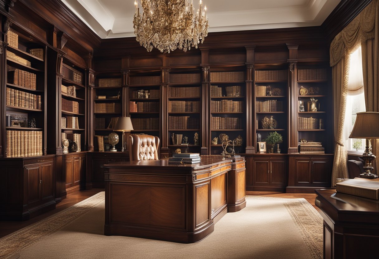 A grand Regency style bookcase stands in a richly decorated home office, surrounded by luxurious furnishings and classic decor