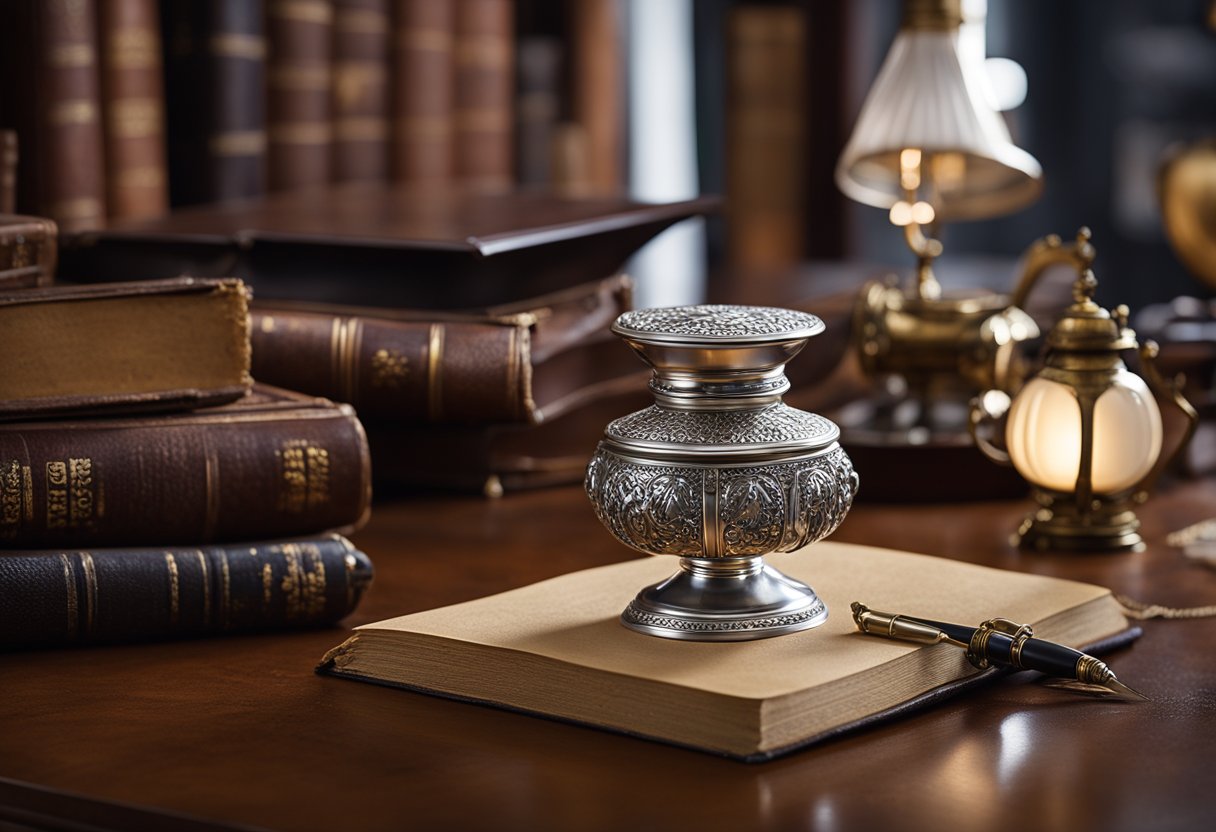 An ornate silver inkwell sits on a mahogany desk, surrounded by antique books, a quill pen, and a brass desk lamp