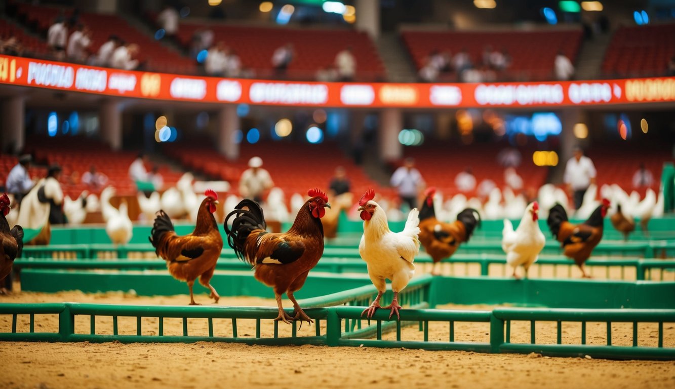 Arena sabung ayam resmi yang ramai dengan aktivitas taruhan yang hidup