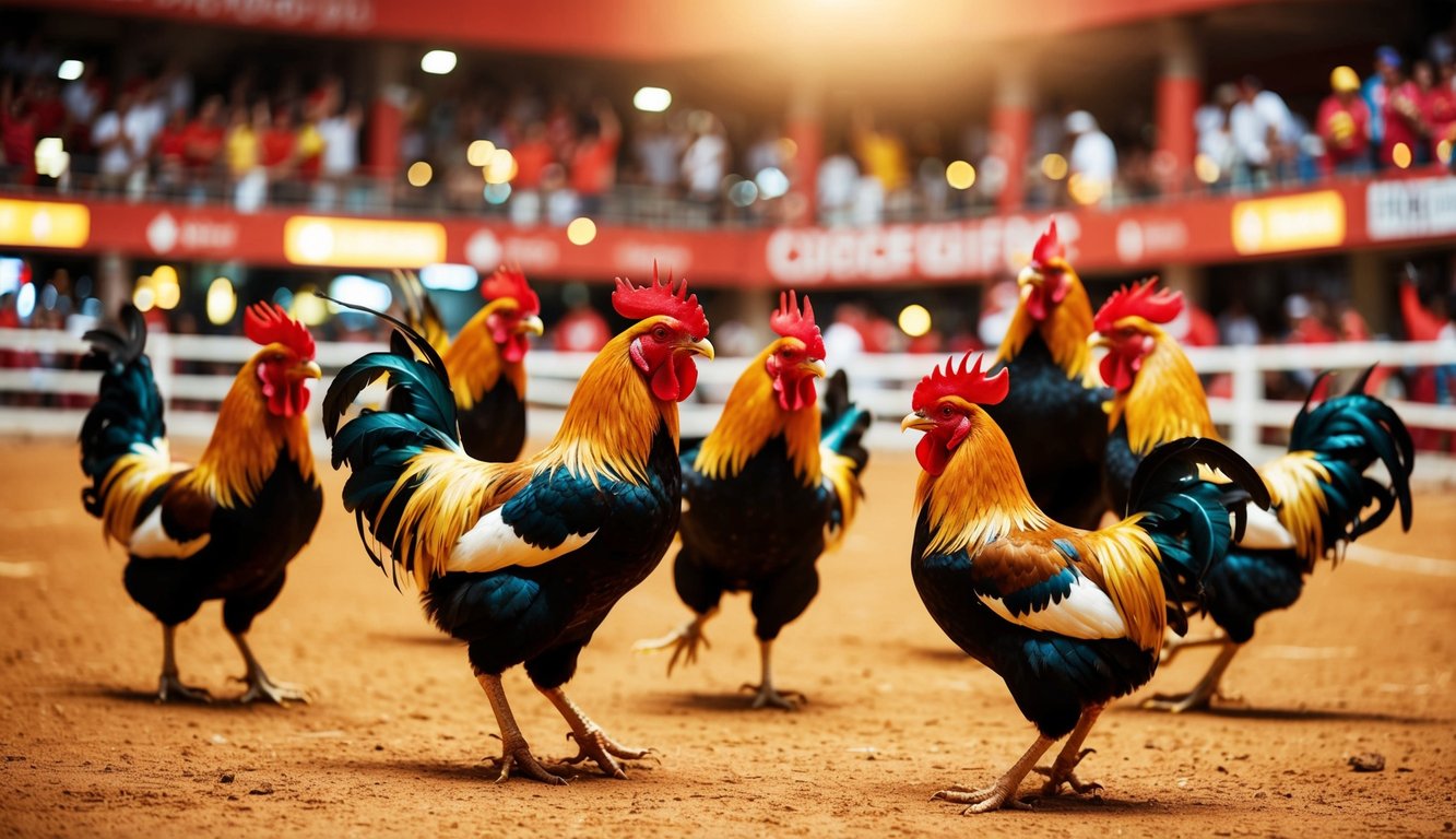 Sebuah arena sabung ayam yang ramai dan penuh warna dengan penonton yang bersorak dan ayam jantan berwarna-warni di tengah pertarungan yang sengit