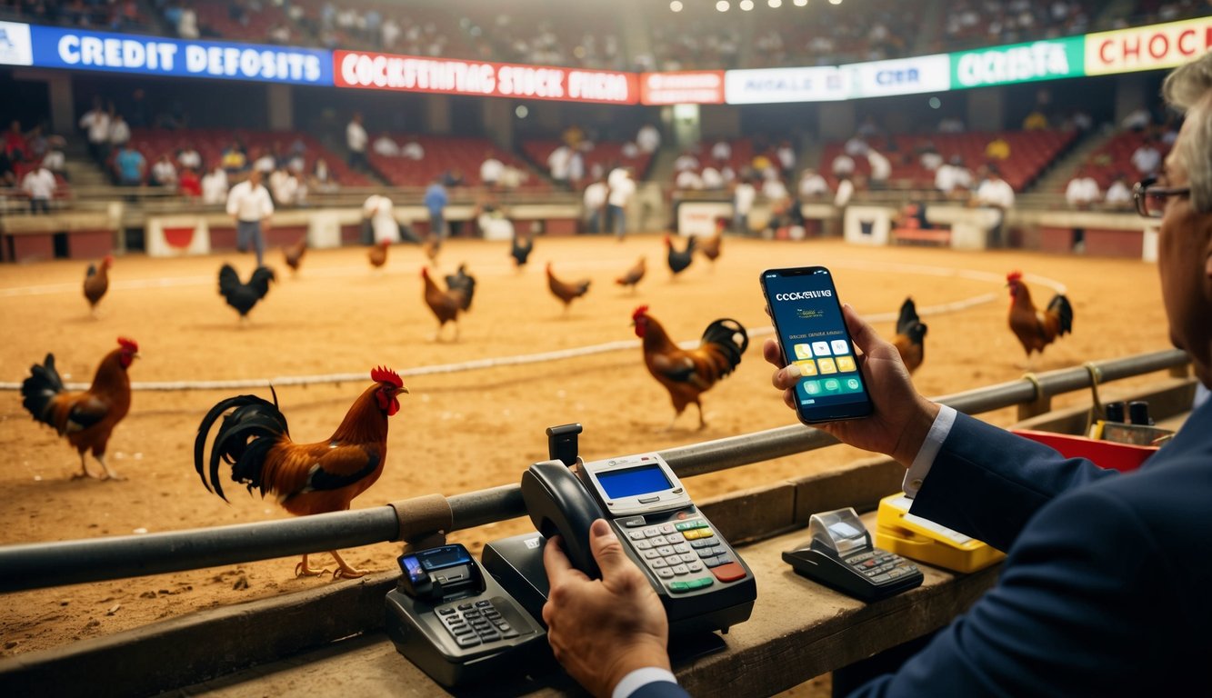 Sebuah arena sabung ayam yang meriah dengan penonton, ayam jantan yang bertarung, dan kasir yang menerima setoran kredit seluler