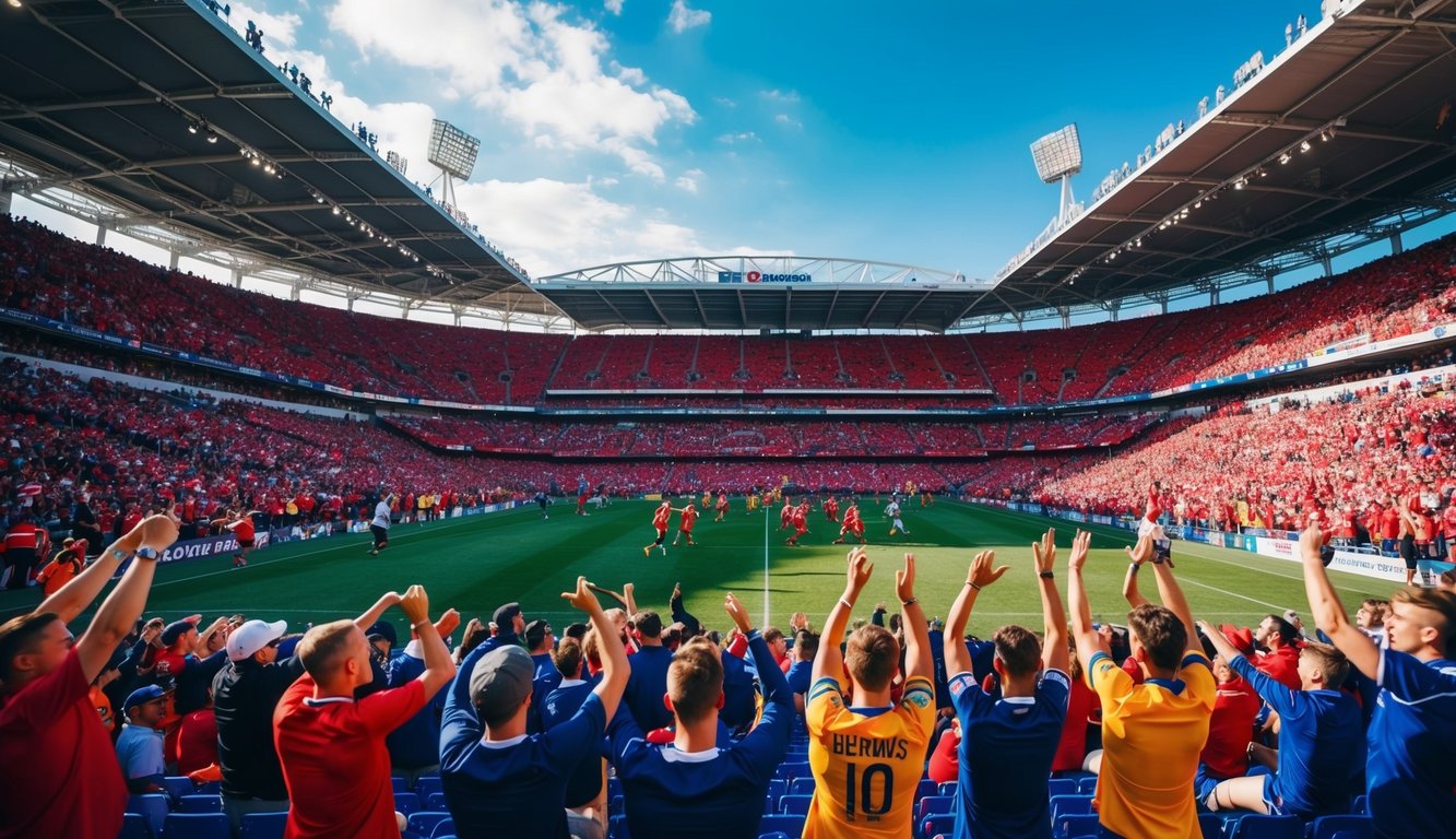 Sebuah stadion olahraga yang meriah dengan penggemar yang bersorak dan pemain yang sedang beraksi