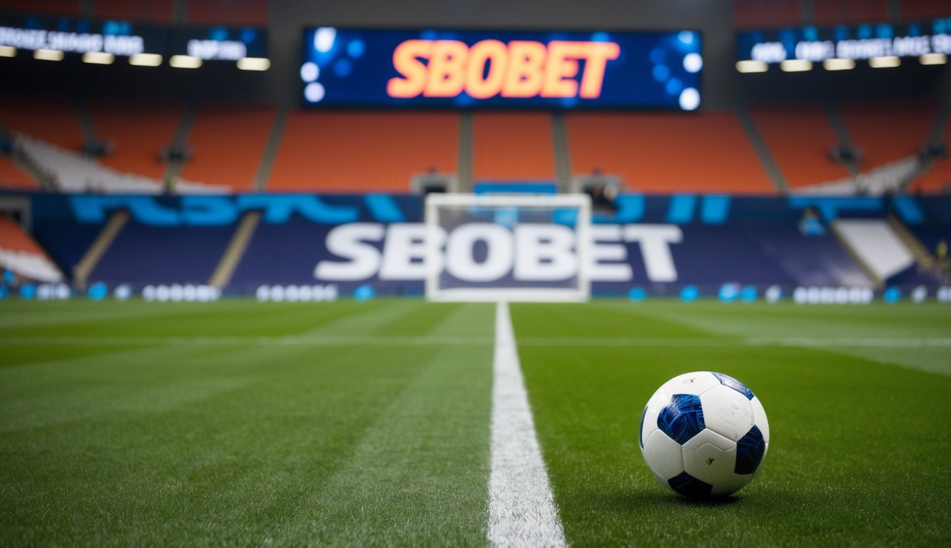 Sebuah bola sepak yang bergulir di lapangan menuju gawang dengan logo SBObet ditampilkan secara mencolok di papan skor stadion