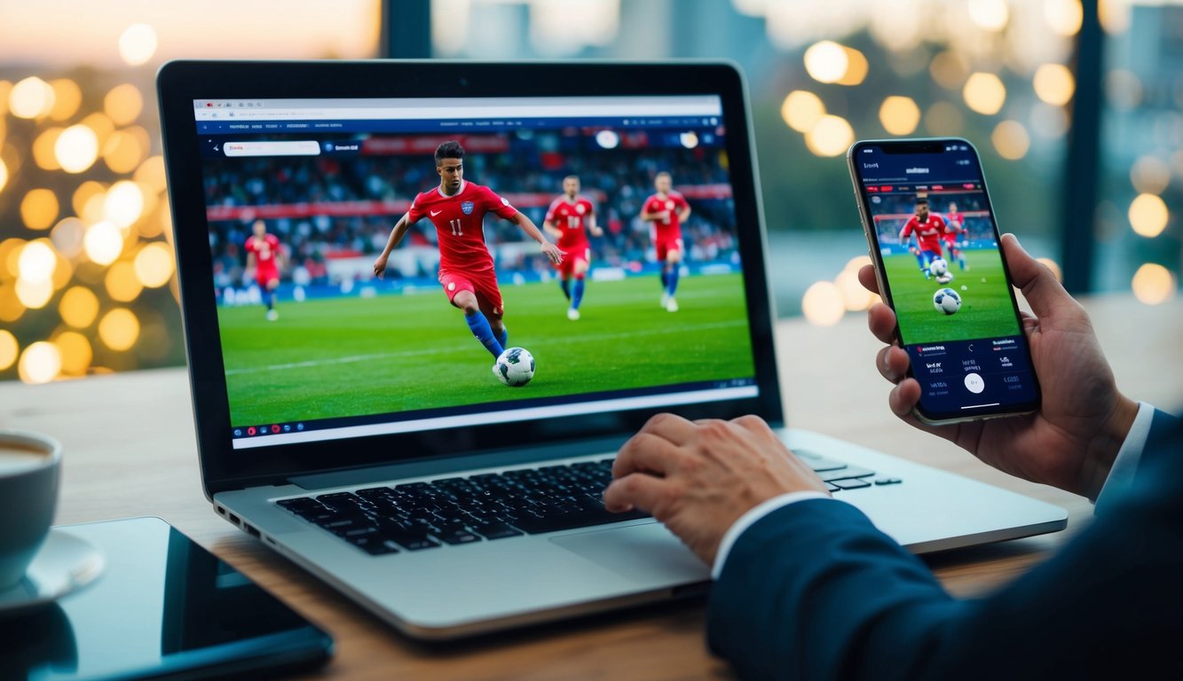 Sebuah pertandingan sepak bola sedang disiarkan langsung di layar komputer sementara seseorang memasang taruhan di ponsel mereka melalui platform online.