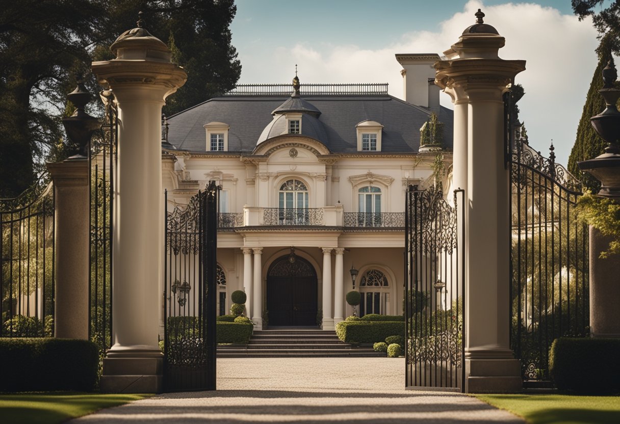 A grand mansion with a sprawling garden, towering pillars, and ornate wrought iron gates. A vintage car parked in the driveway and a butler opening the front door