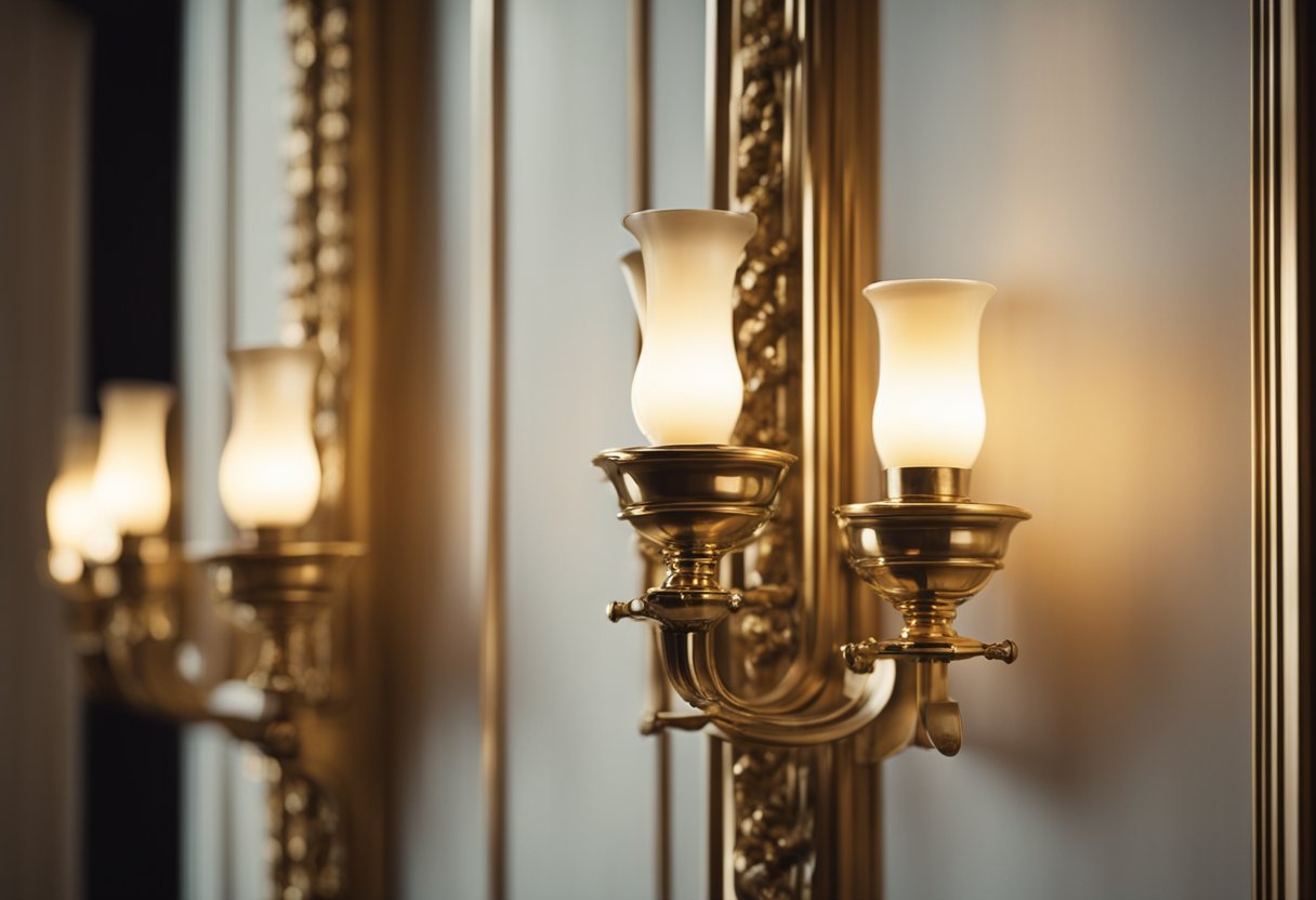 Five brass candle sconces mounted on the wall in an opulent, old-money house