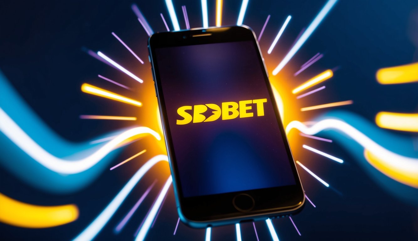 Sebuah smartphone dengan layar yang bercahaya menampilkan logo SBObet, dikelilingi oleh gelombang energi yang berdenyut.