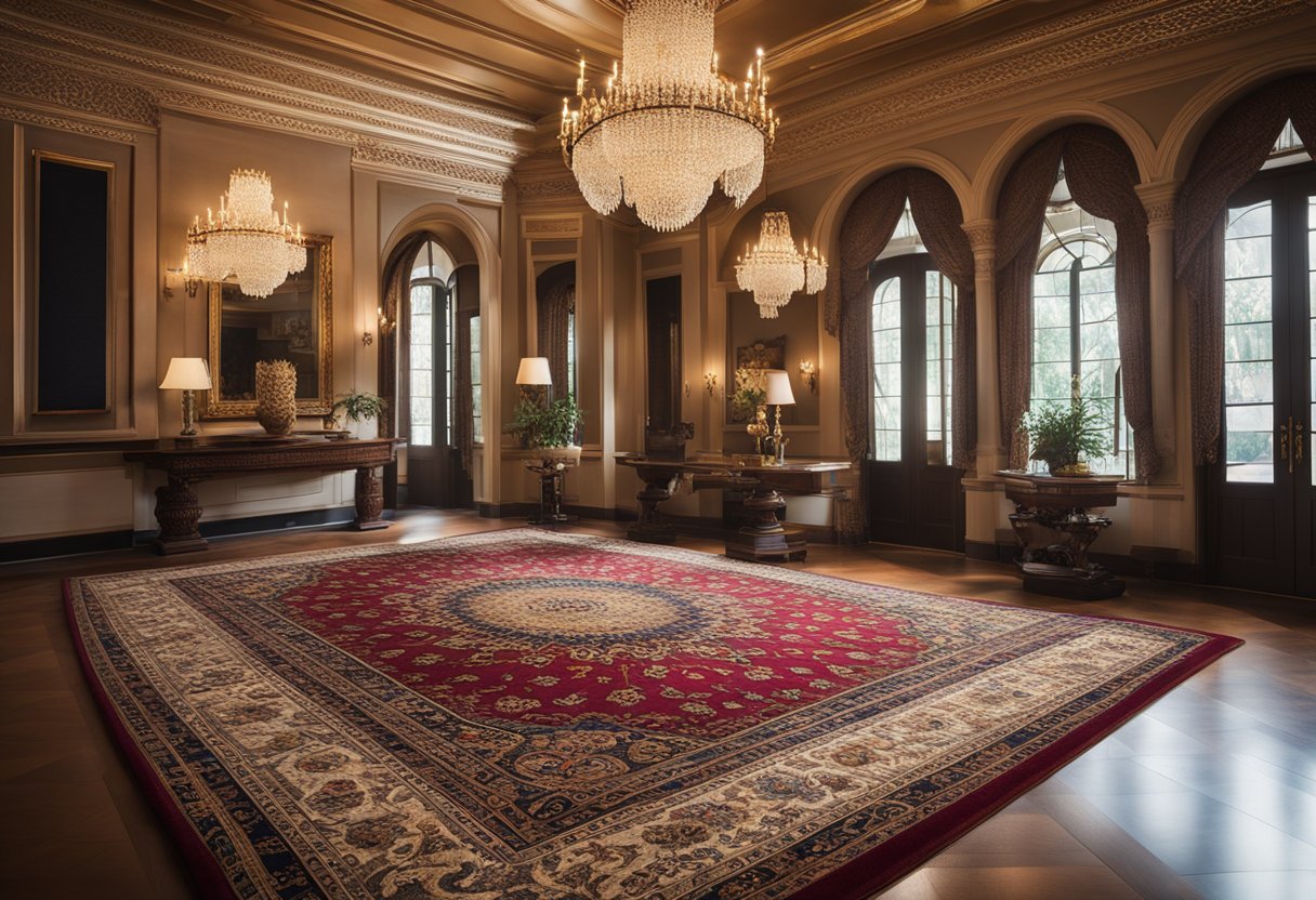 A grand, ornate oriental rug in the opulent foyer of an old money mansion. Rich colors and intricate patterns convey luxury and tradition