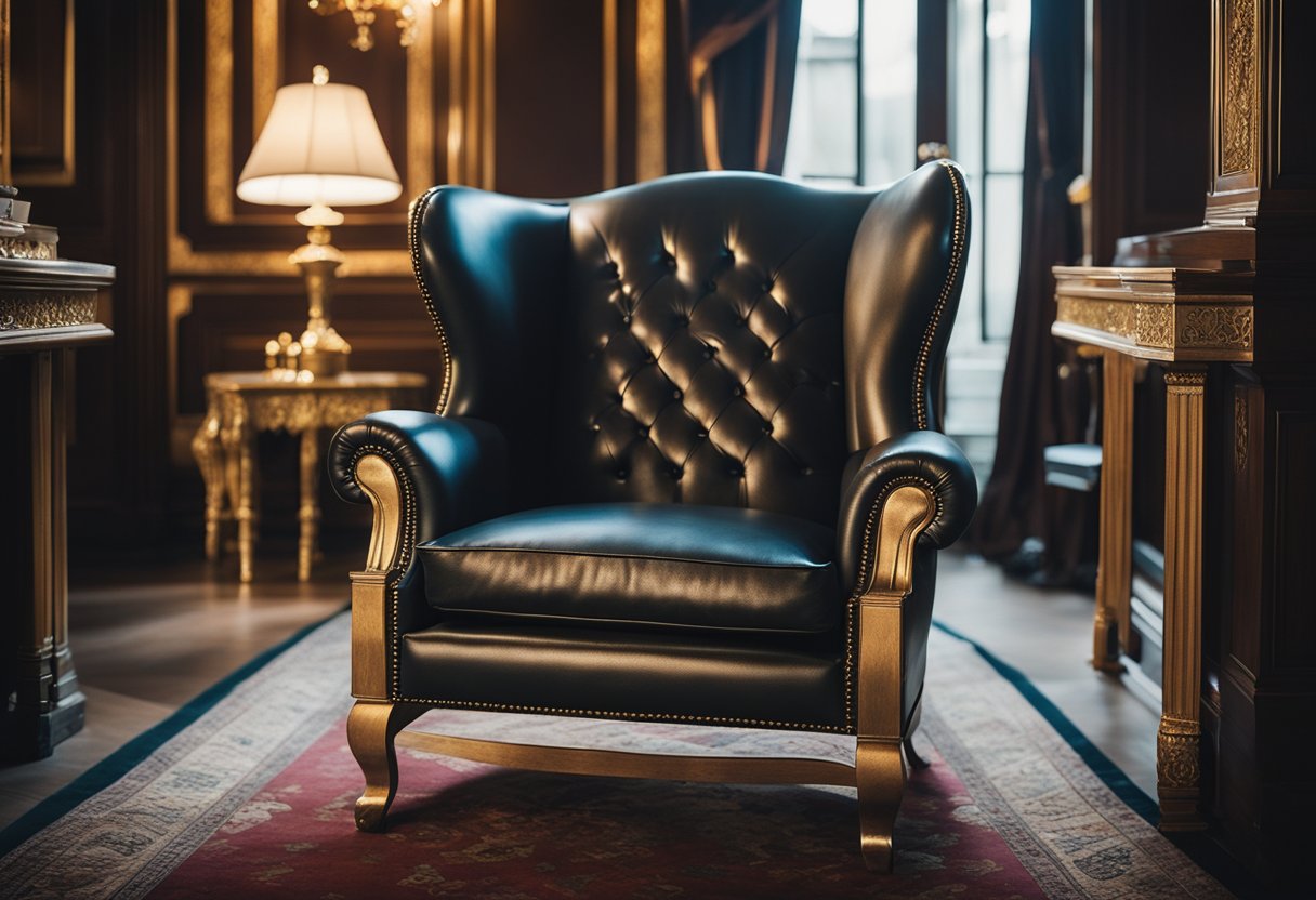 A luxurious wingback chair in an opulent Old Money house, surrounded by elegant decor and vintage accents