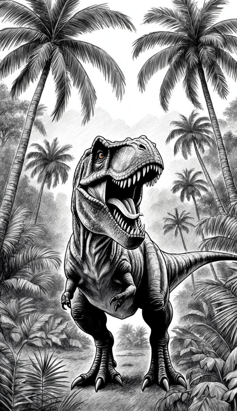 15 Dinosaur Drawing Ideas That Build Real Skills 2 A T-Rex roaring in a prehistoric jungle, surrounded by lush greenery and towering palm trees