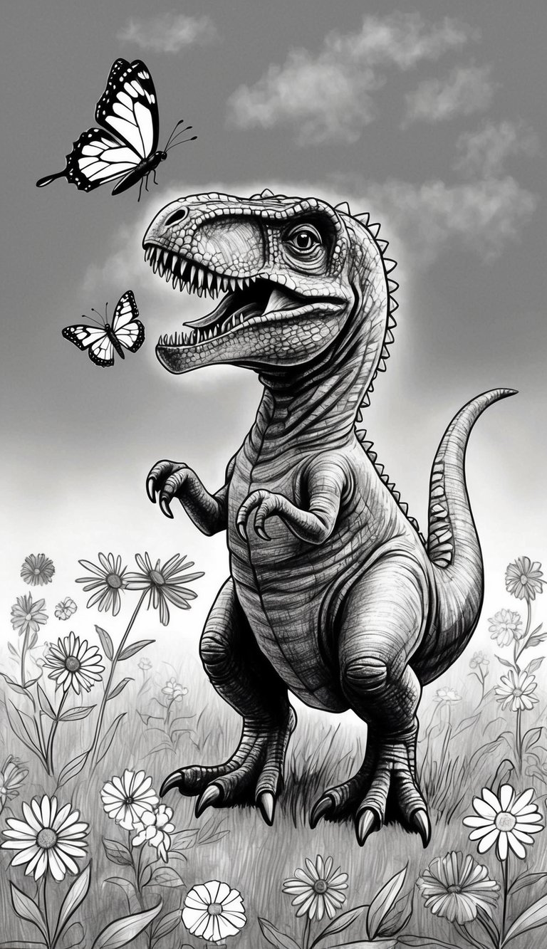 15 Dinosaur Drawing Ideas That Build Real Skills 3 A baby velociraptor playing with a butterfly in a field of colorful flowers