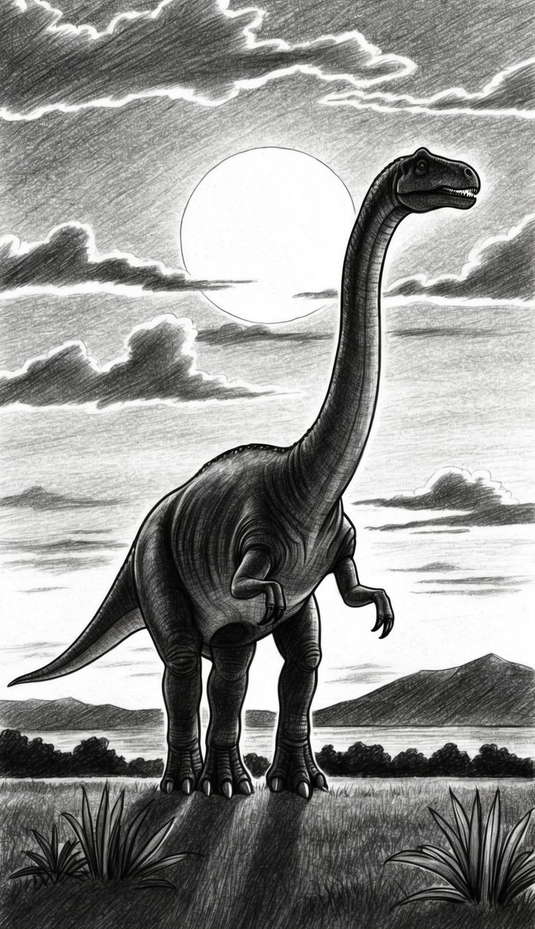 15 Dinosaur Drawing Ideas That Build Real Skills 5 A Brachiosaurus stands tall against a setting sun, its silhouette outlined against the colorful sky