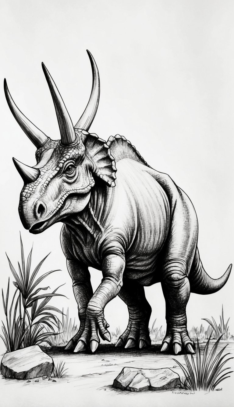15 Dinosaur Drawing Ideas That Build Real Skills 6 A triceratops stands in profile, its three horns and frill clearly visible. The dinosaur is surrounded by prehistoric vegetation and rocks