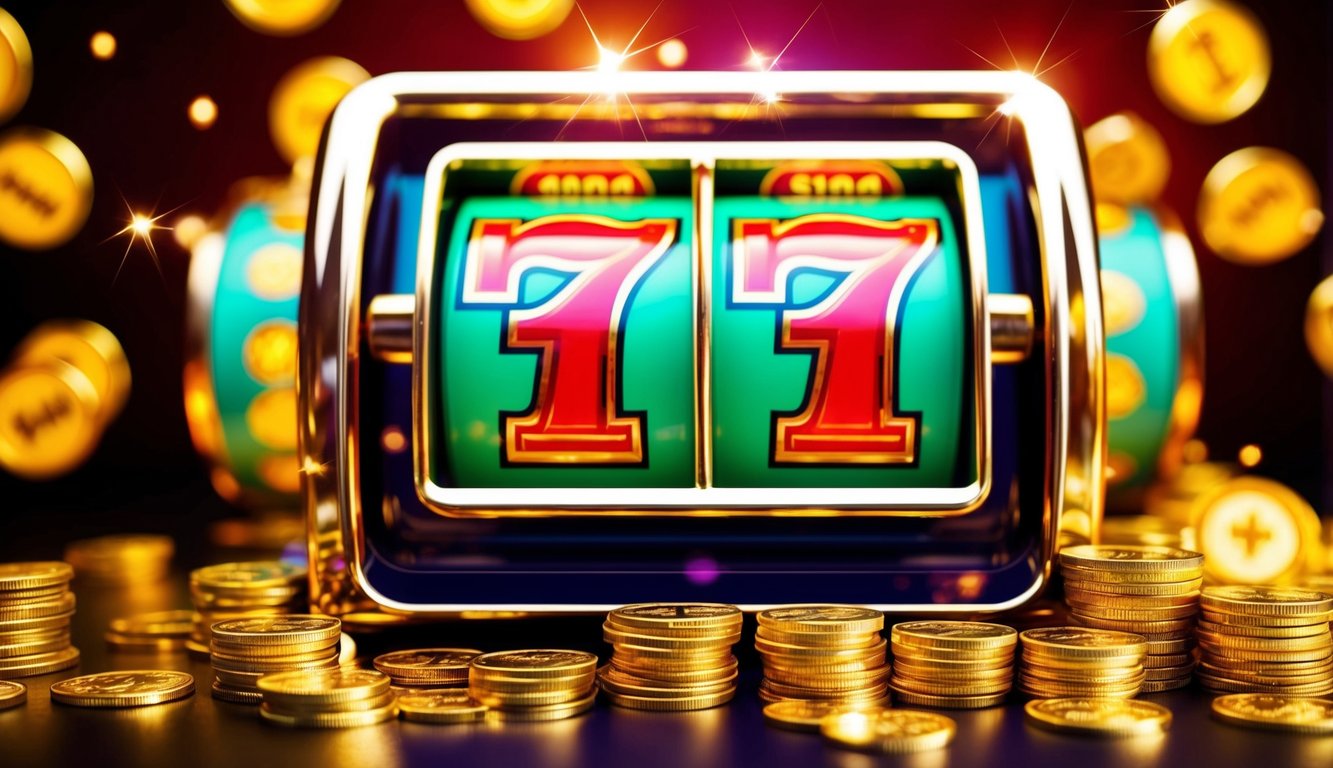 Sebuah mesin slot online yang cerah dikelilingi oleh koin emas dan simbol bonus yang berkilau