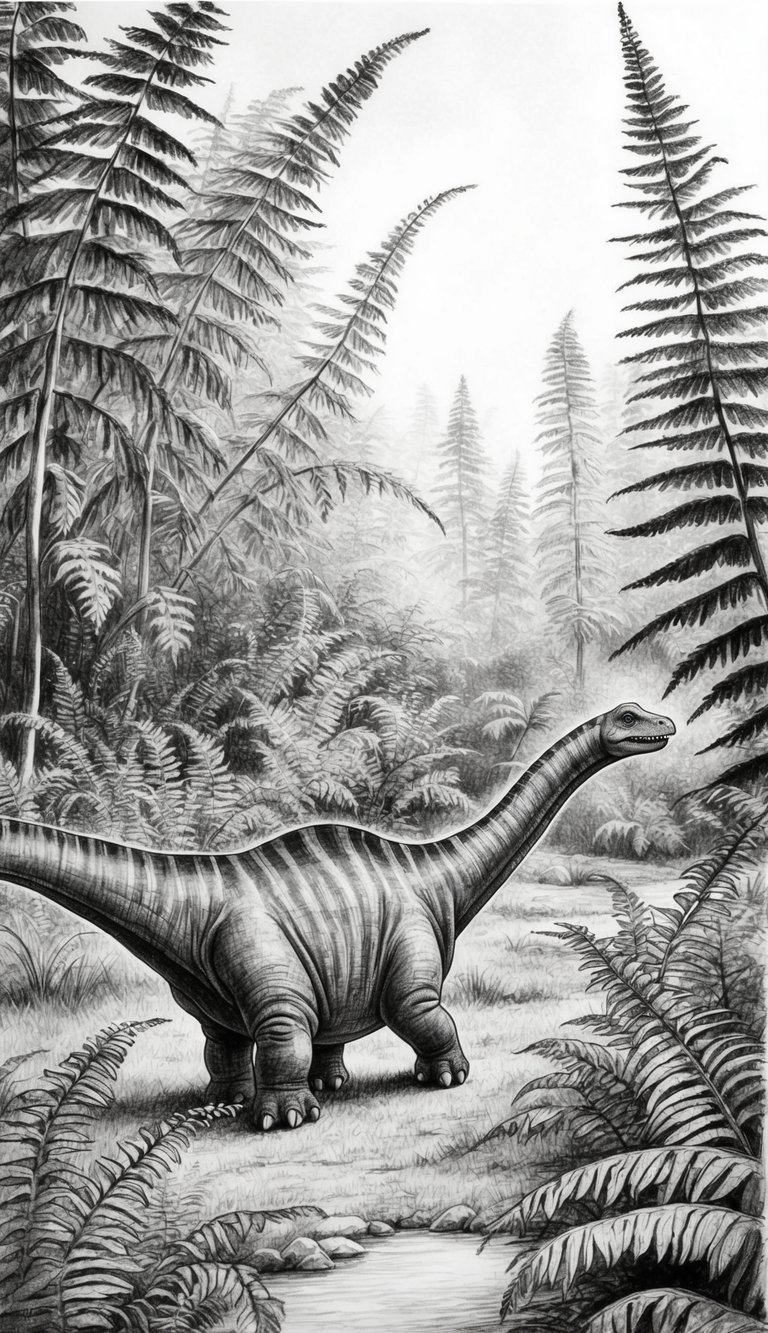 15 Dinosaur Drawing Ideas That Build Real Skills 10 A baby diplodocus exploring a lush prehistoric landscape with tall ferns and a gentle stream