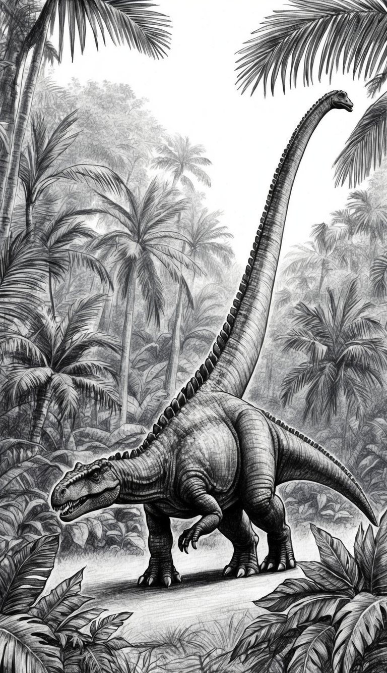 15 Dinosaur Drawing Ideas That Build Real Skills 11 A Spinosaurus roams through a dense jungle, its long, sail-like spine towering above the lush green foliage