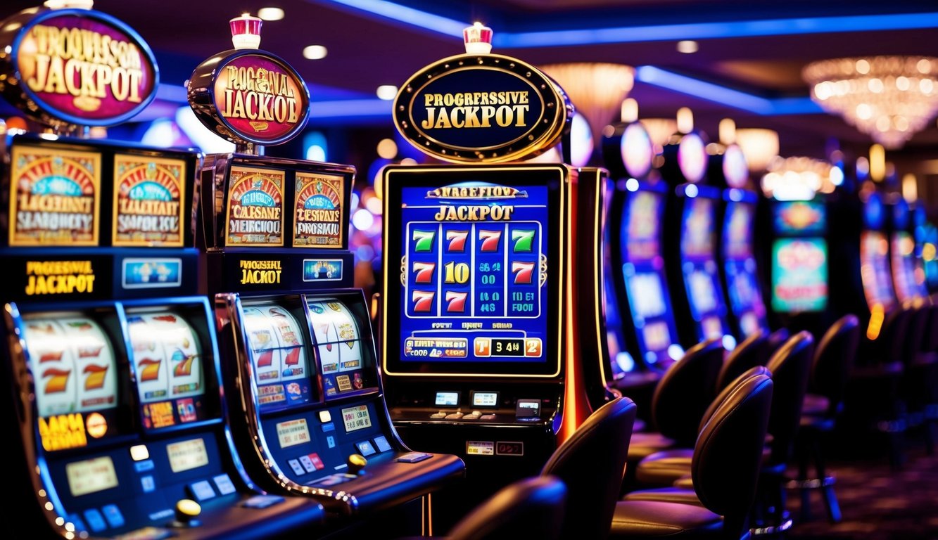 Sebuah suasana kasino yang hidup dengan berbagai mesin slot dan lampu berkedip, menampilkan permainan slot jackpot progresif dengan berbagai penyedia.