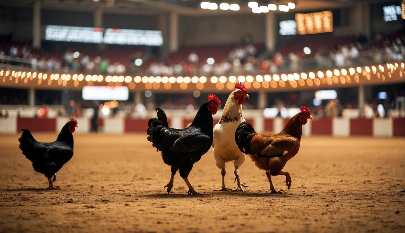 Sebuah arena sabung ayam resmi yang ramai dengan berbagai pasar taruhan internasional