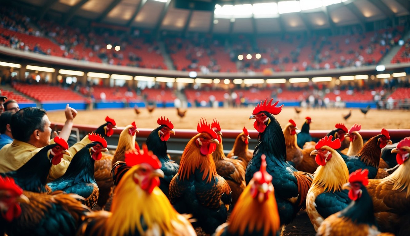 Sebuah arena sabung ayam yang ramai dengan ayam jantan berwarna-warni dan penonton yang bersemangat