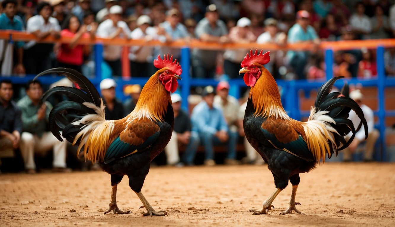 Sebuah arena yang ramai dengan penonton yang bersorak dan dua ayam jantan yang saling berhadapan dalam pertarungan ayam yang sengit