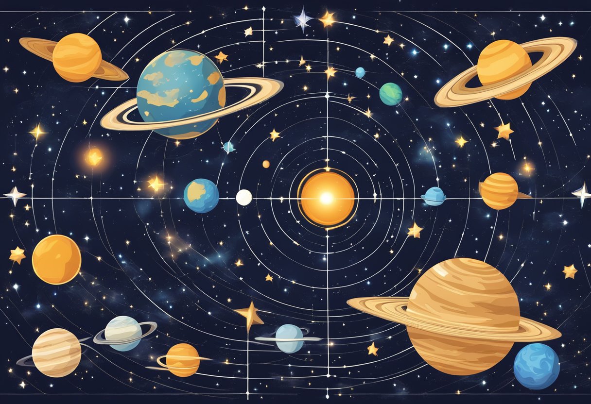 A star-filled night sky with planets aligned and various cosmic symbols appearing in the constellations