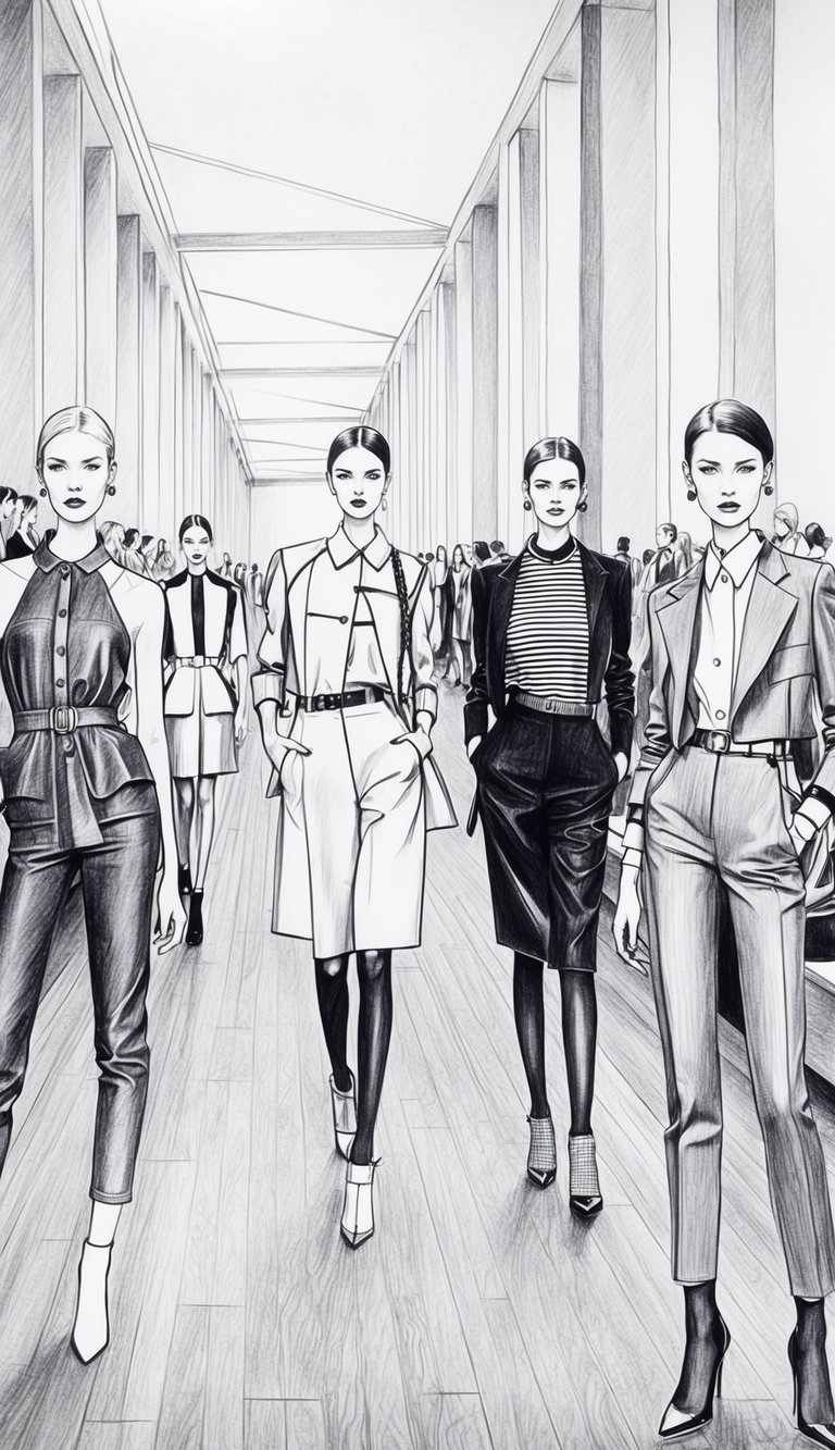 A catwalk with fashion models posing in various outfits
