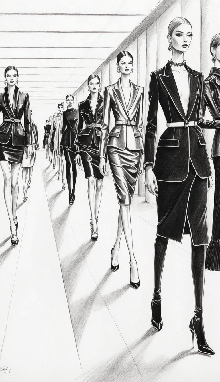 A runway show with elegant fashion models striking glamorous poses
