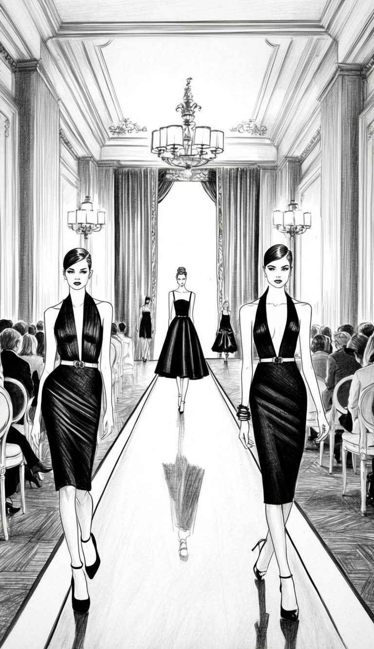Elegant runway with spotlight, models in chic poses