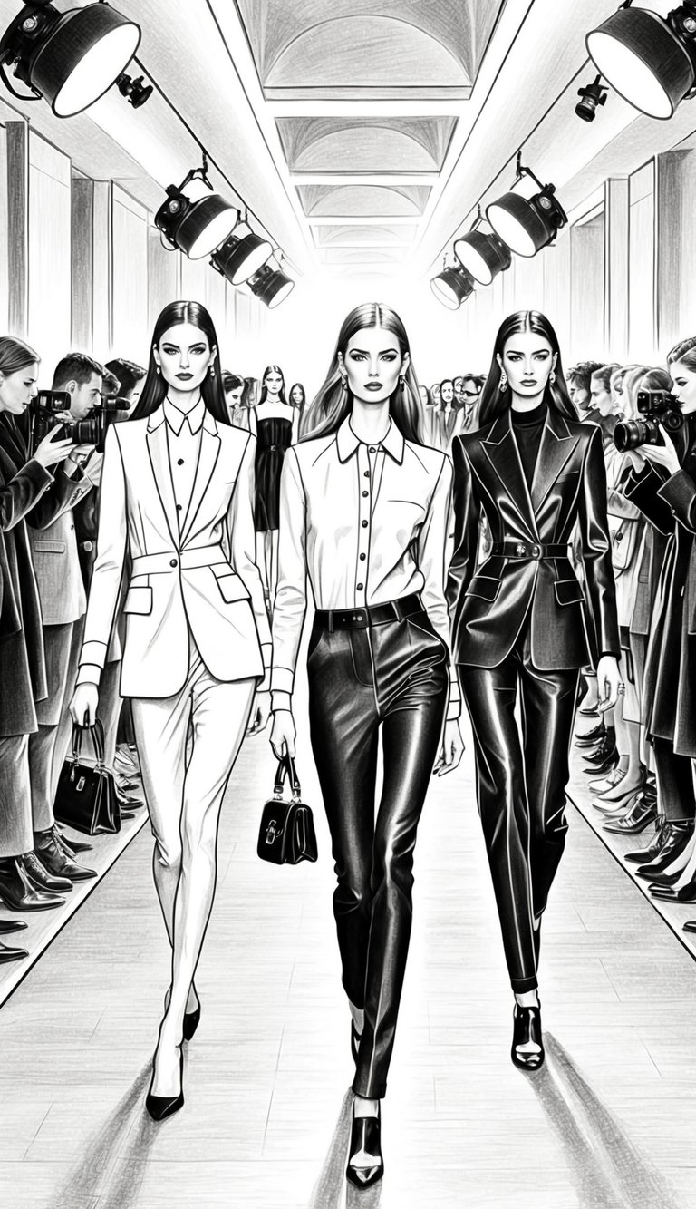 A runway with fashion models in elegant poses and stylish outfits, surrounded by photographers and bright lights