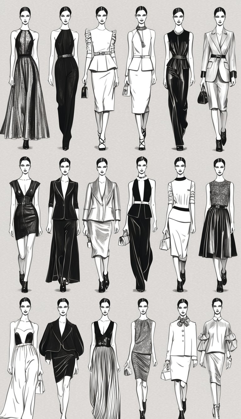 A runway with 18 fashion models in elegant ensembles