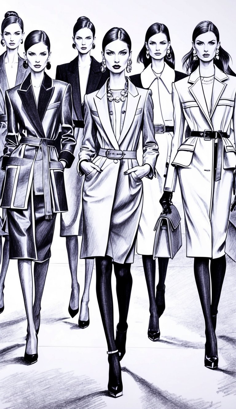 A group of fashion models confidently walk down a runway, showcasing their stylish and elegant attire with grace and poise