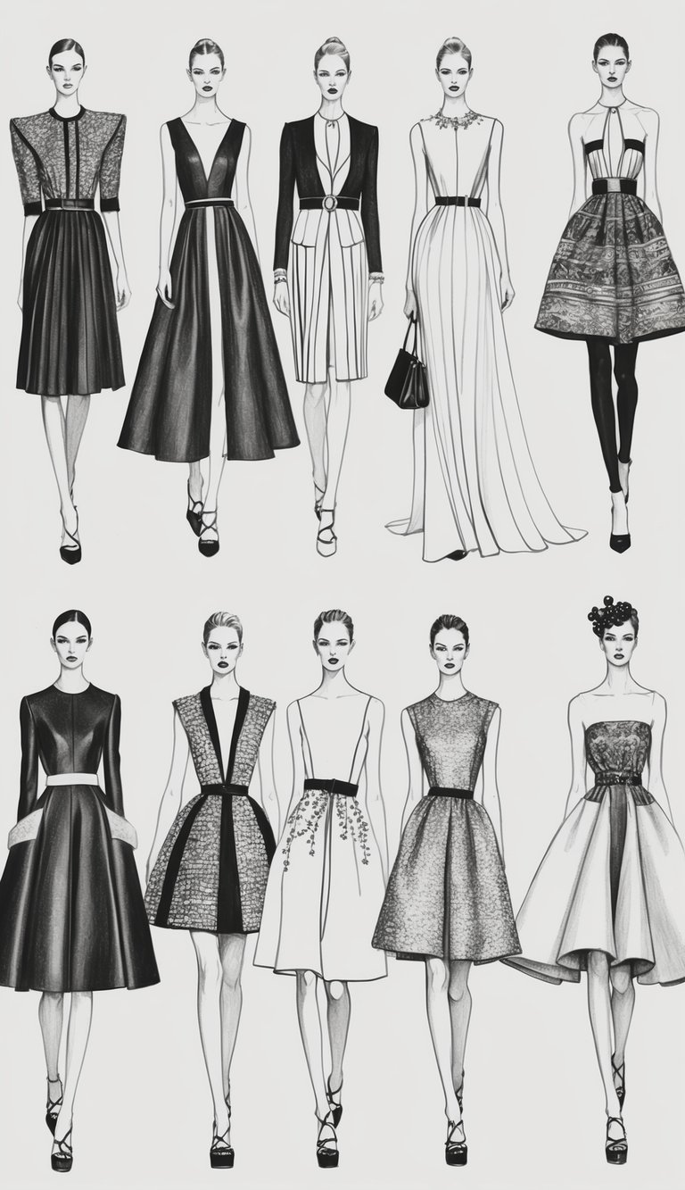 A runway with 18 fashion models in haute couture designs