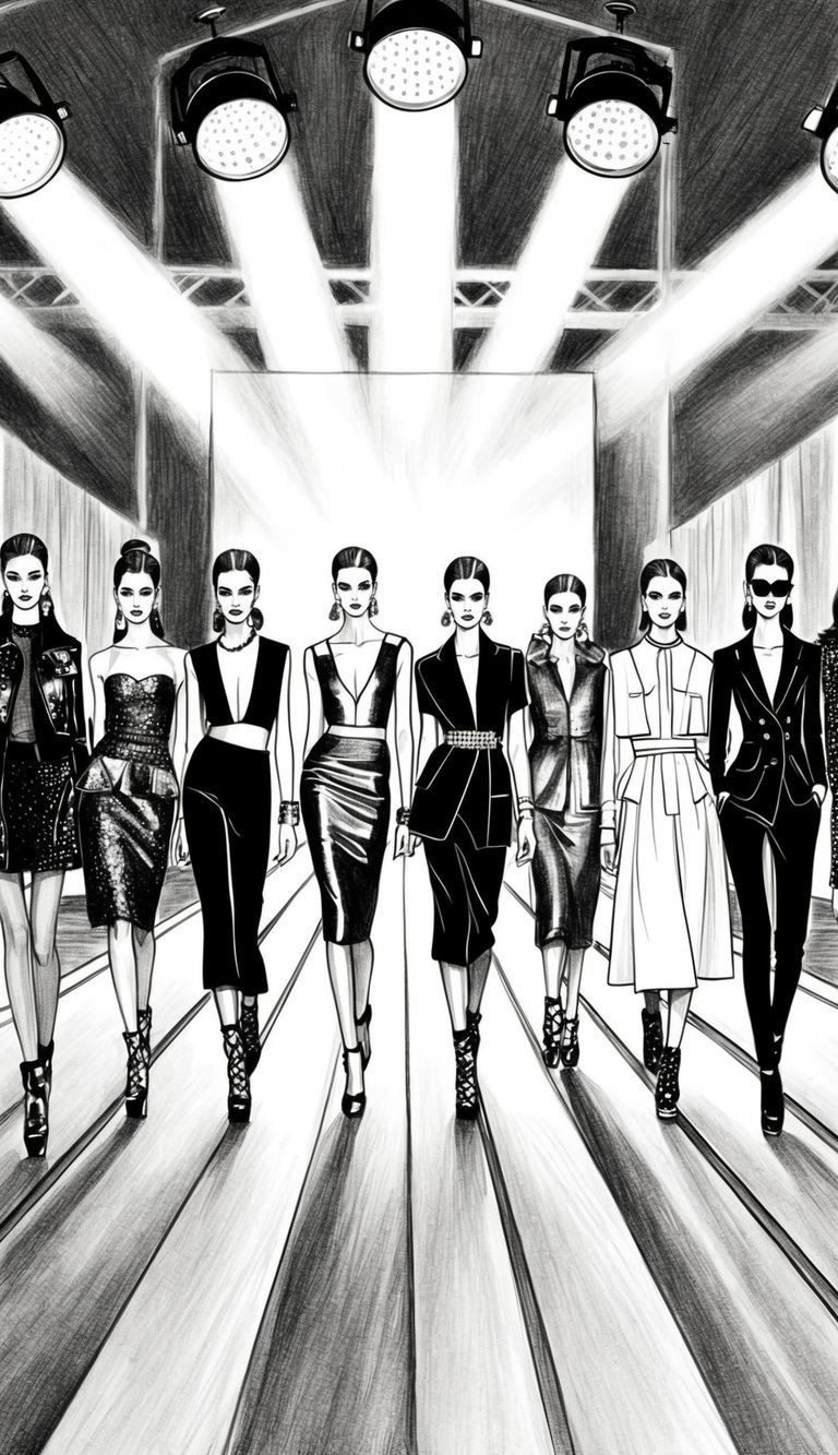 A runway with spotlights illuminating the catwalk, showcasing 18 fashion models in glamorous and stylish outfits