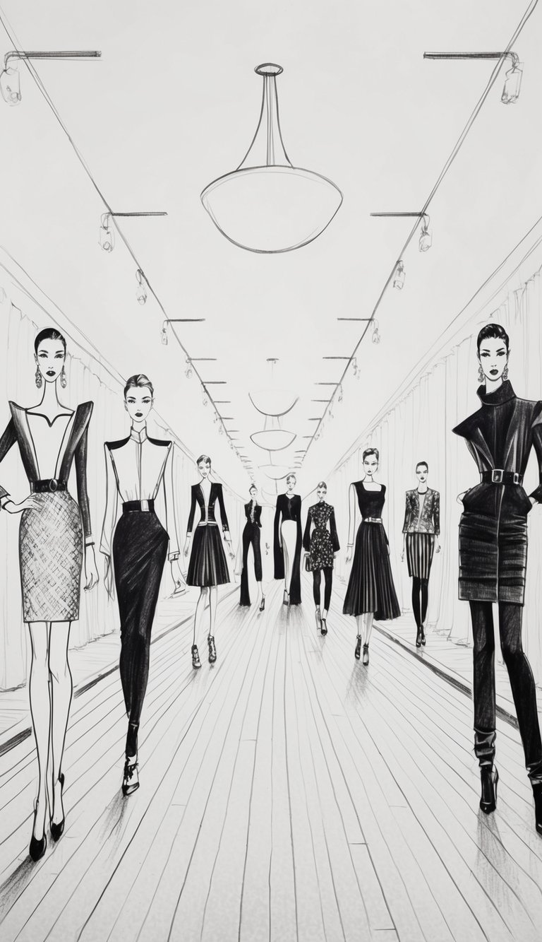 A runway with elegant fashion models posing in various outfits and poses