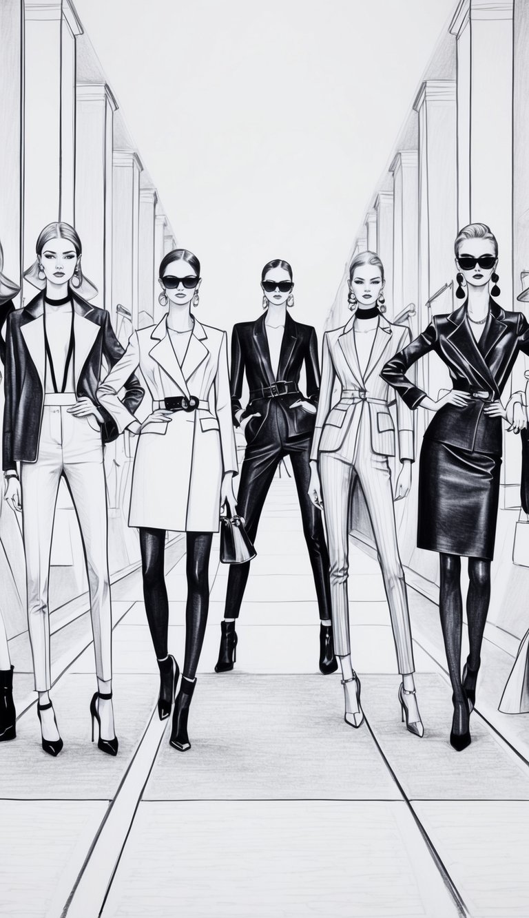 A runway with fashion models posing in elegant and stylish outfits. The models are striking various poses, showcasing the latest fashion trends