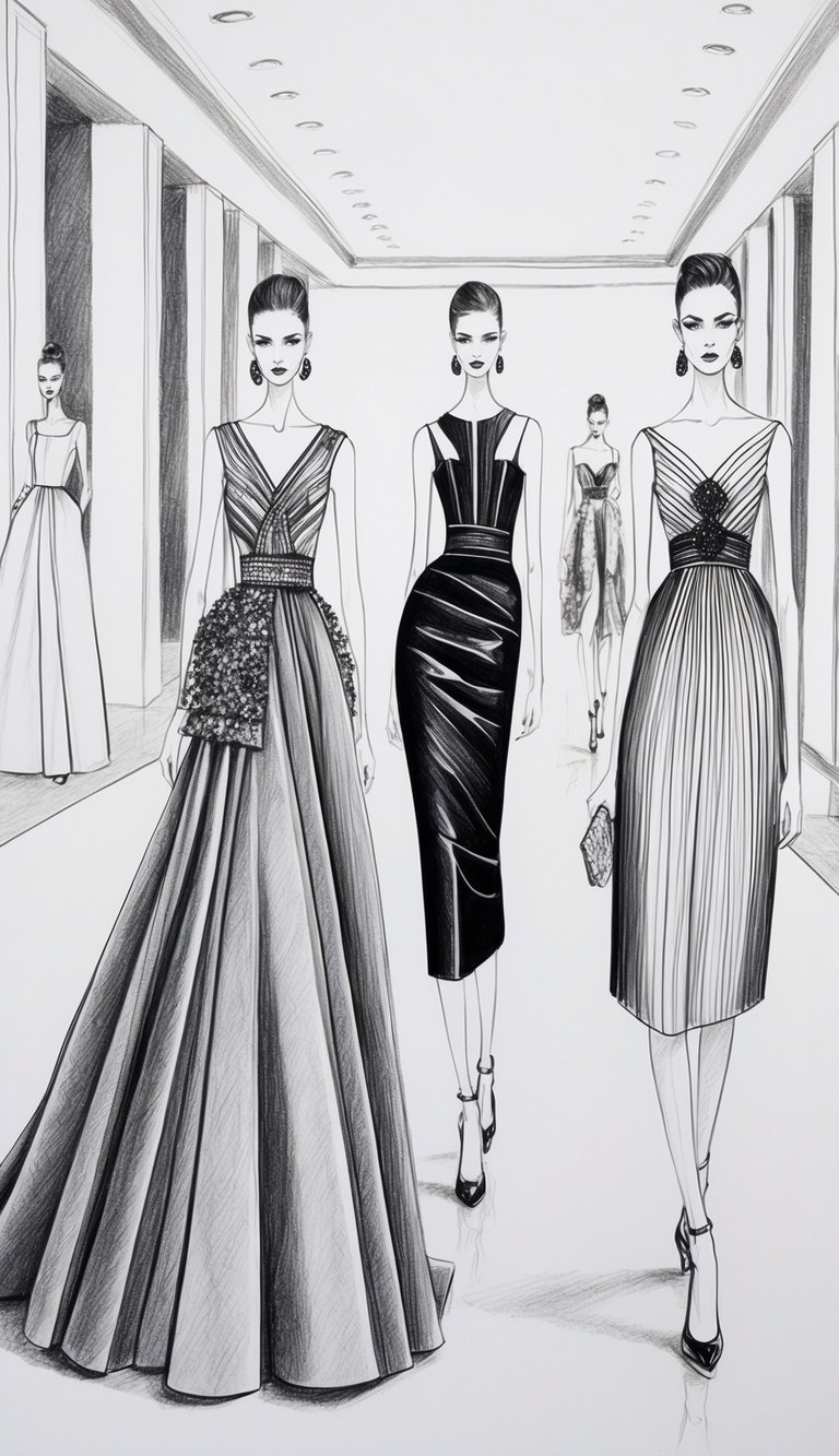 A runway with fashion models in elegant couture dresses, striking poses