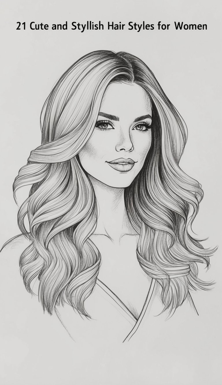 21 Cute Hairstyle Drawings for Women: Fresh Looks to Try 4 A woman's hair cascades in beach waves with ombre coloring, showcasing 21 cute and stylish hair styles for women