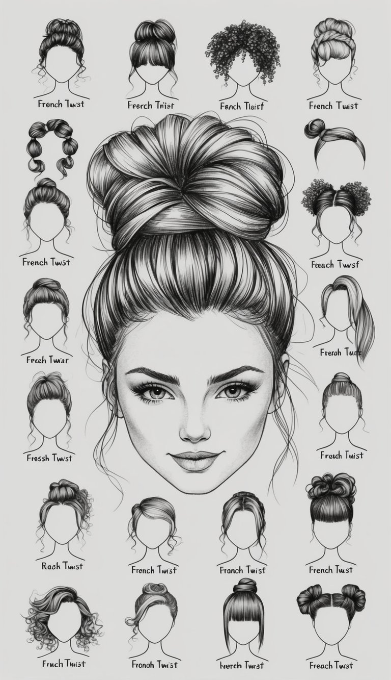 21 Cute Hairstyle Drawings for Women: Fresh Looks to Try 7 A woman's head with a French twist bun, surrounded by 20 other cute hairstyles