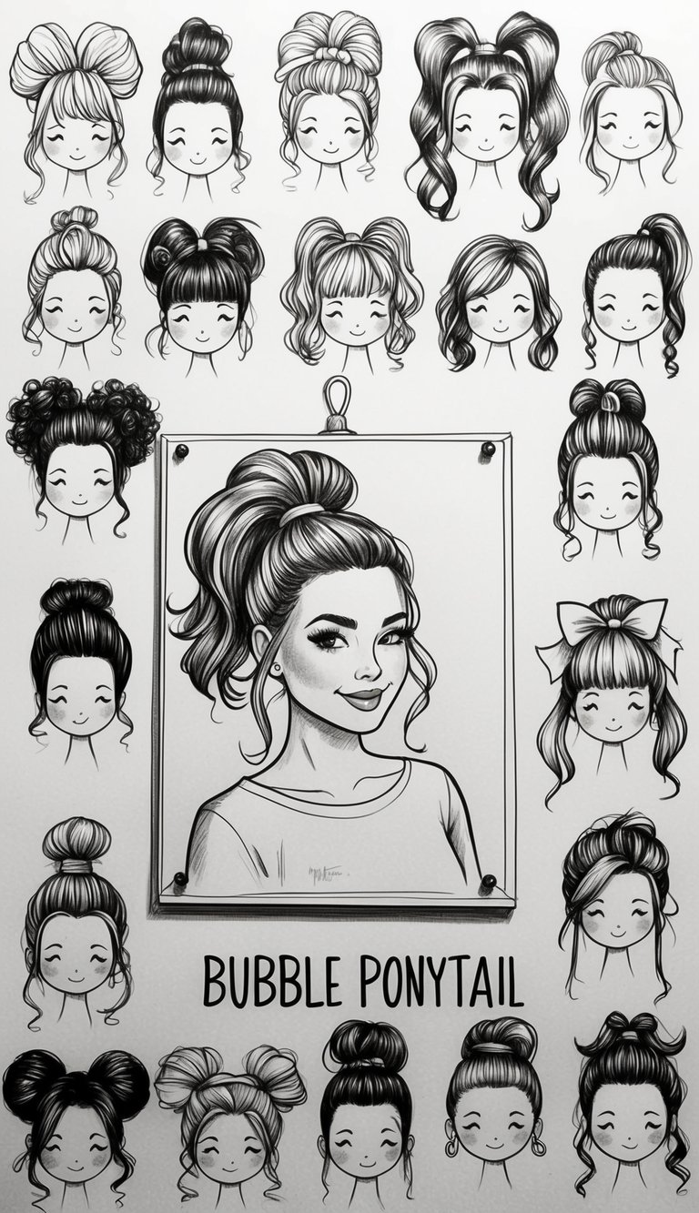 21 Cute Hairstyle Drawings for Women: Fresh Looks to Try 8 A woman with a bubble ponytail surrounded by 20 other cute hair styles, each uniquely styled and arranged on a display board