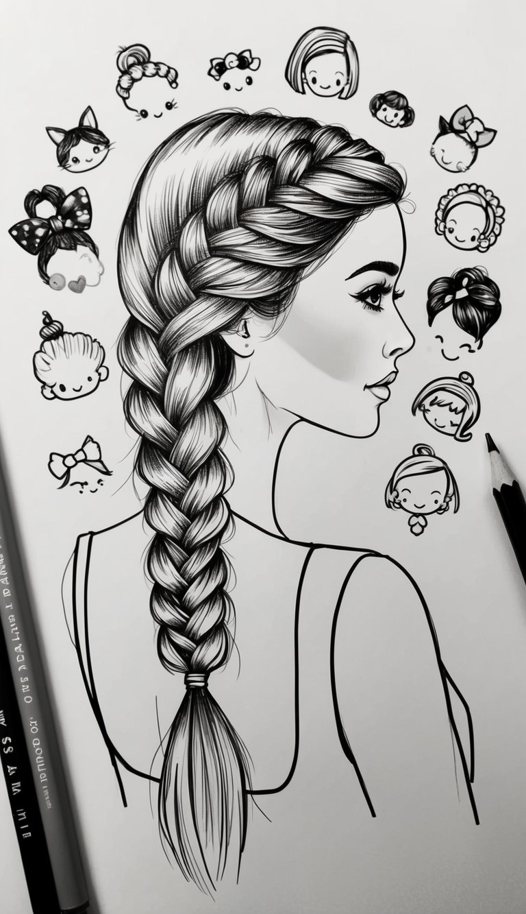 21 Cute Hairstyle Drawings for Women: Fresh Looks to Try 9 A woman's head with long hair styled in a waterfall braid, surrounded by various cute hair accessories and elements