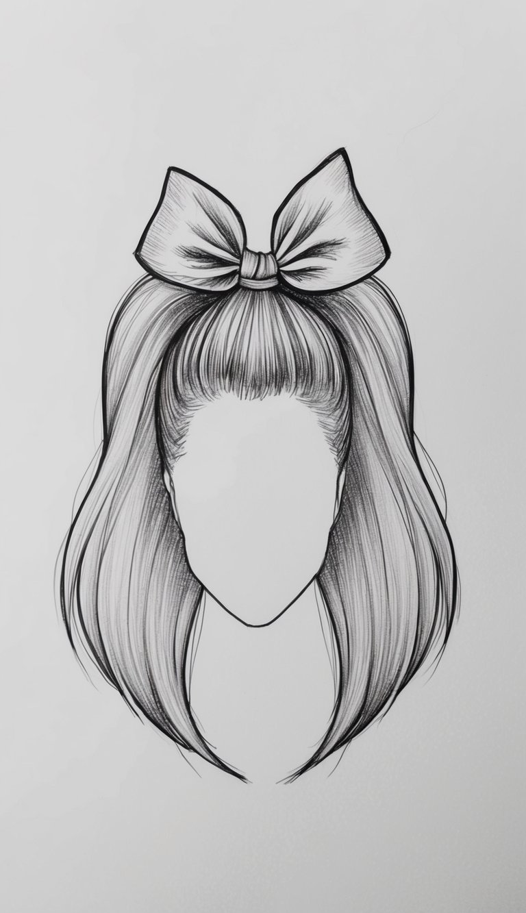 21 Cute Hairstyle Drawings for Women: Fresh Looks to Try 10 A woman's high ponytail with a bow, styled in a cute and trendy manner