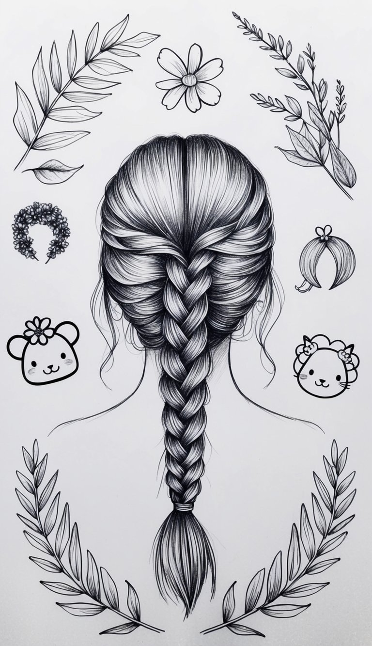 21 Cute Hairstyle Drawings for Women: Fresh Looks to Try 11 A woman's head with long hair styled in a fishtail braid, surrounded by various cute hair accessories and elements of nature