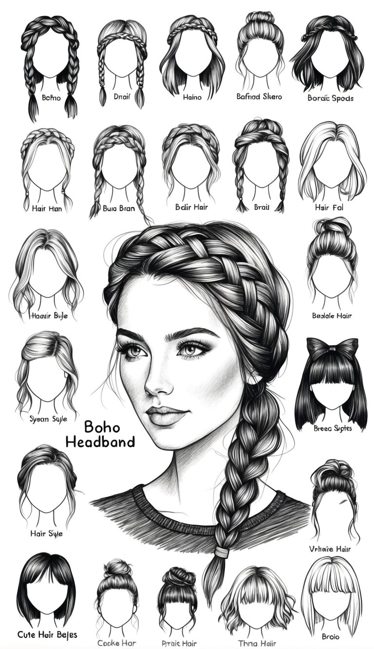 21 Cute Hairstyle Drawings for Women: Fresh Looks to Try 12 A woman with a boho headband braid, surrounded by 20 other cute hair styles