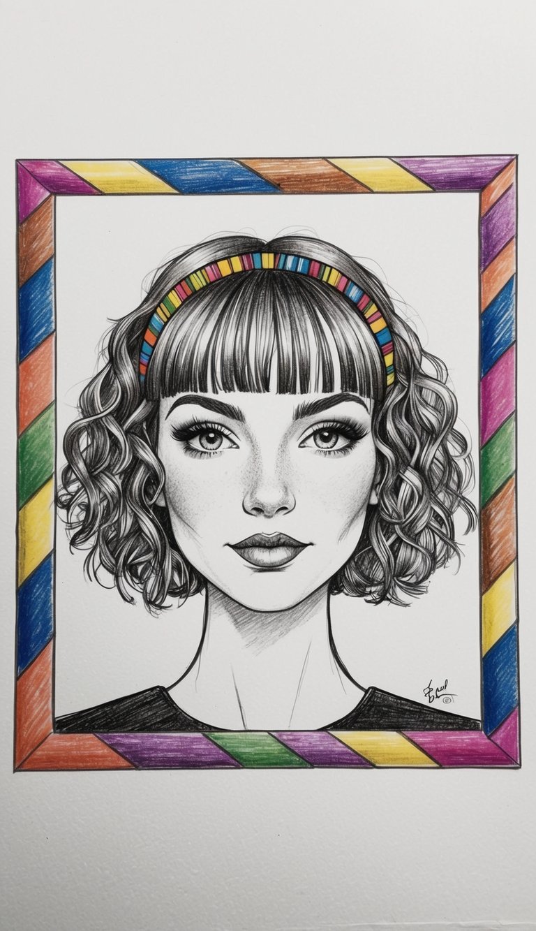 21 Cute Hairstyle Drawings for Women: Fresh Looks to Try 13 A curly bob with bangs framed by colorful hair accessories
