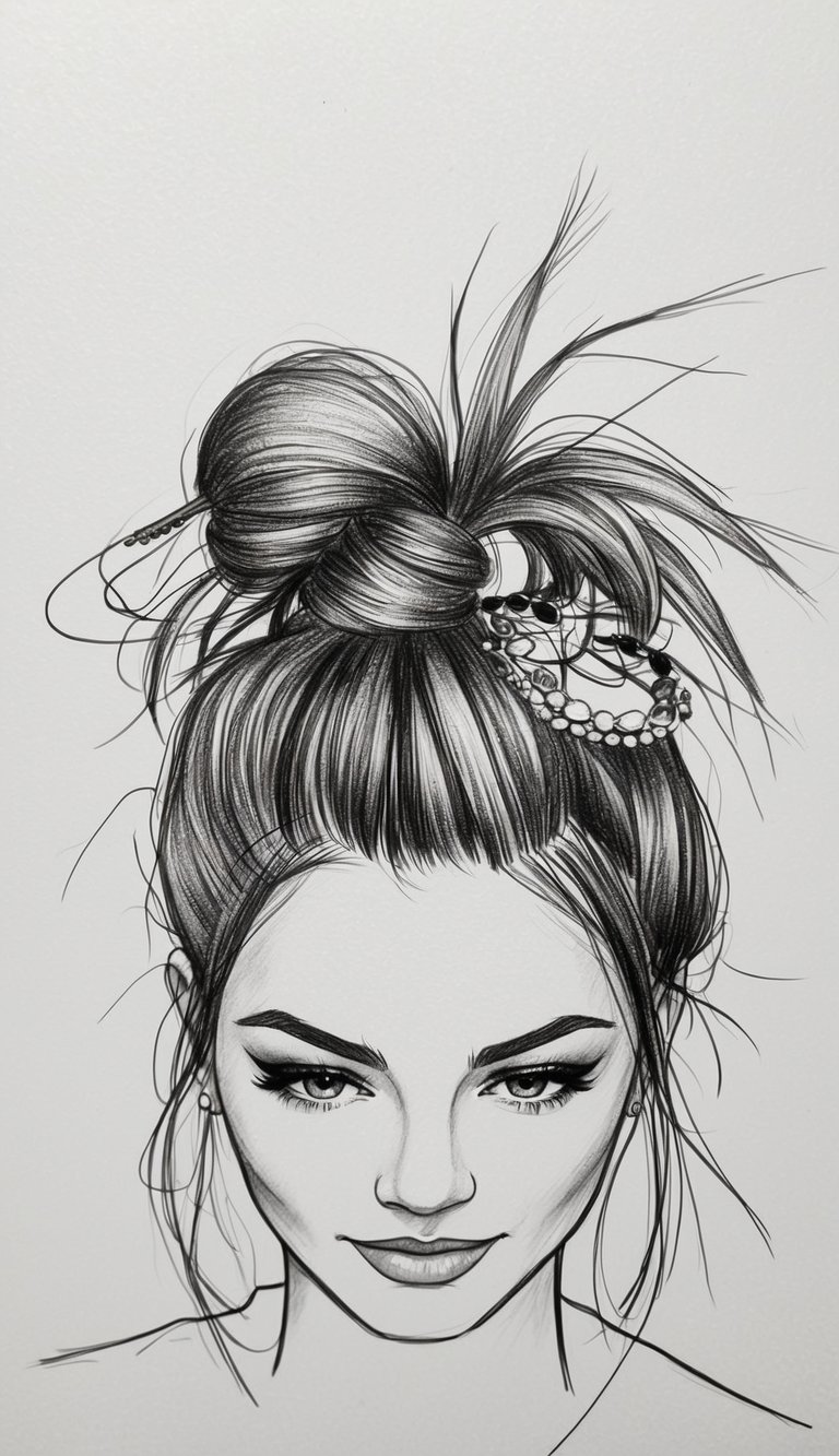 21 Cute Hairstyle Drawings for Women: Fresh Looks to Try 14 A woman's messy top knot with loose strands and a few hair accessories