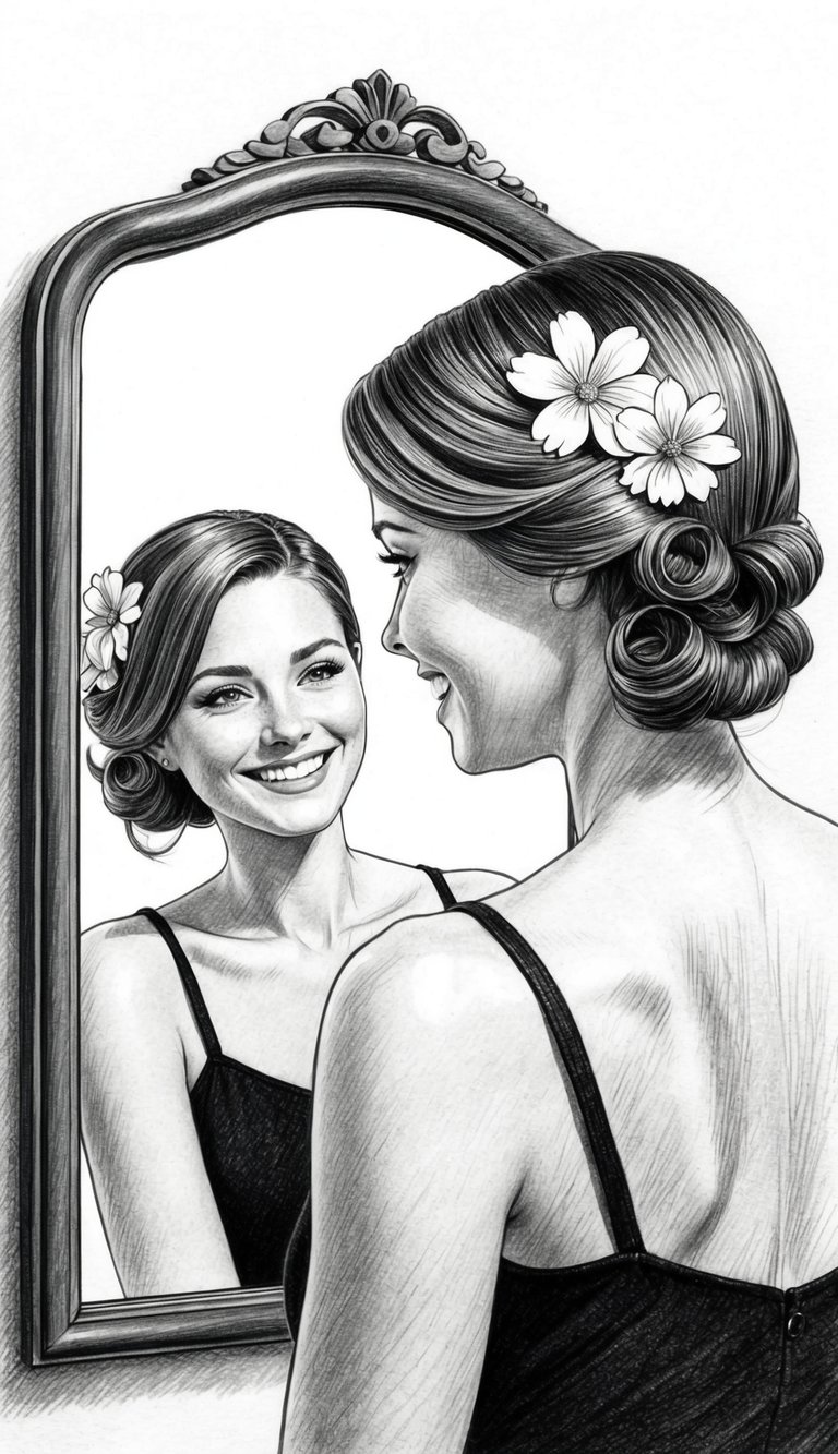 21 Cute Hairstyle Drawings for Women: Fresh Looks to Try 15 A woman with side swept curls, smiling, with flowers in her hair, looking at herself in a mirror