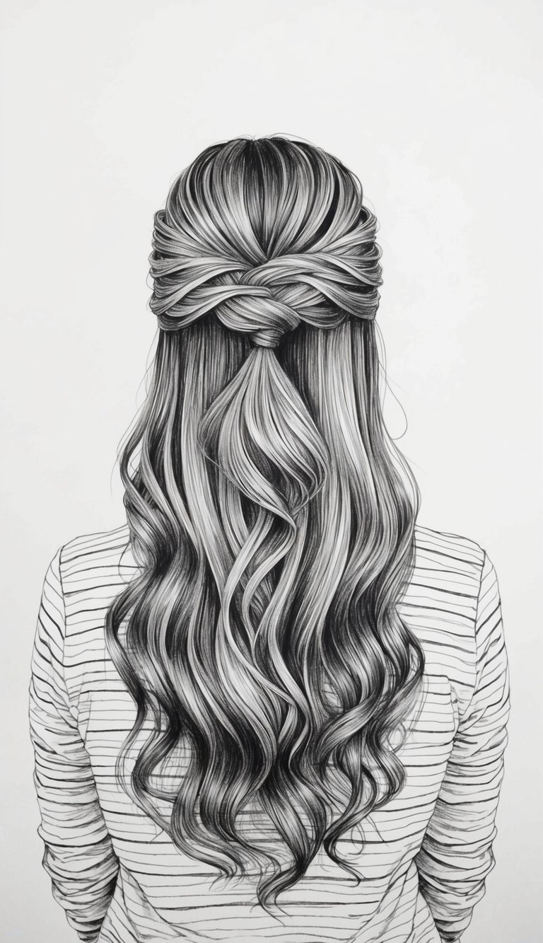 21 Cute Hairstyle Drawings for Women: Fresh Looks to Try 16 A woman with long, wavy hair twists half of it up into a cute, intricate hairstyle, while the other half cascades down in loose waves