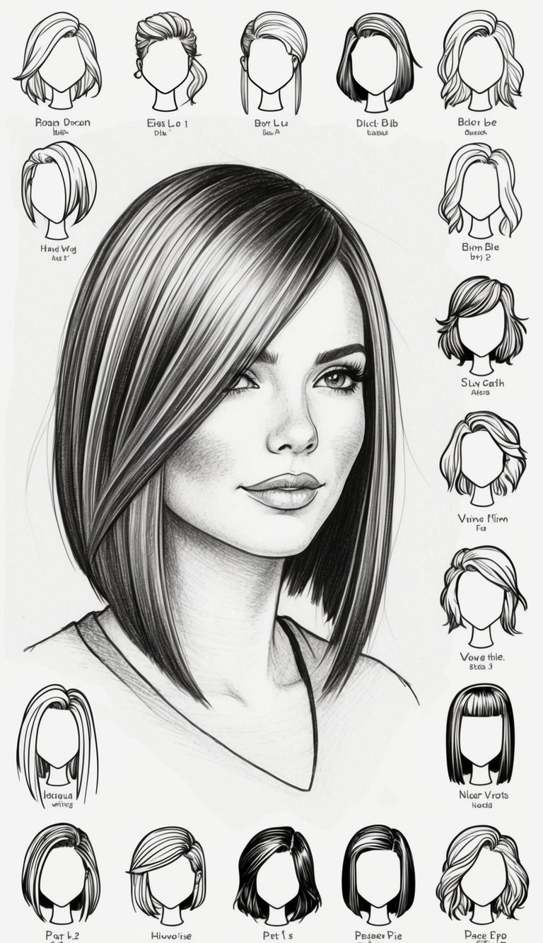 21 Cute Hairstyle Drawings for Women: Fresh Looks to Try 19 A woman with a sleek lob haircut, parting to one side, surrounded by 21 drawings of cute hairstyles for women