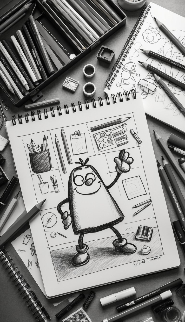 A colorful palette of art supplies scattered on a messy desk, with pencils, markers, and sketchbooks. A quirky cartoon character takes shape on the page