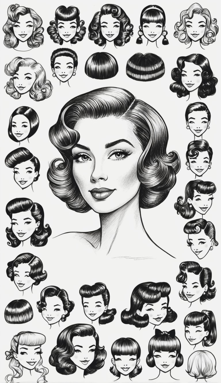 21 Cute Hairstyle Drawings for Women: Fresh Looks to Try 20 A woman's head with retro finger waves, surrounded by 20 other cute hairstyles